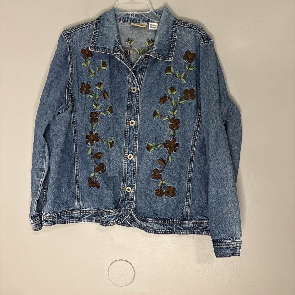 Womens Crystal Kobe Denim Blue Jean Jacket Embroidered Flower Button Down‎ Large